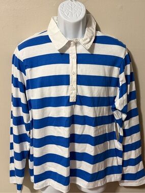 St. John's Bay Blue and White Horizontal Stripe Long-Sleeve Polo